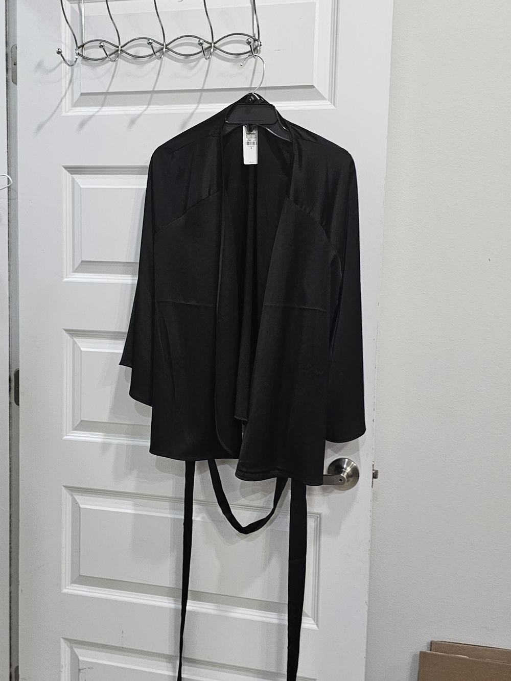 Express Satin Black Open Front Draped Cardigan with Waist Ties